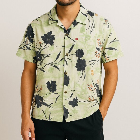 Vintage Quiksilver Hawaiian Shirt Ukiyo-e Japanese Print Green Black Men’s M - Picture 2 of 12